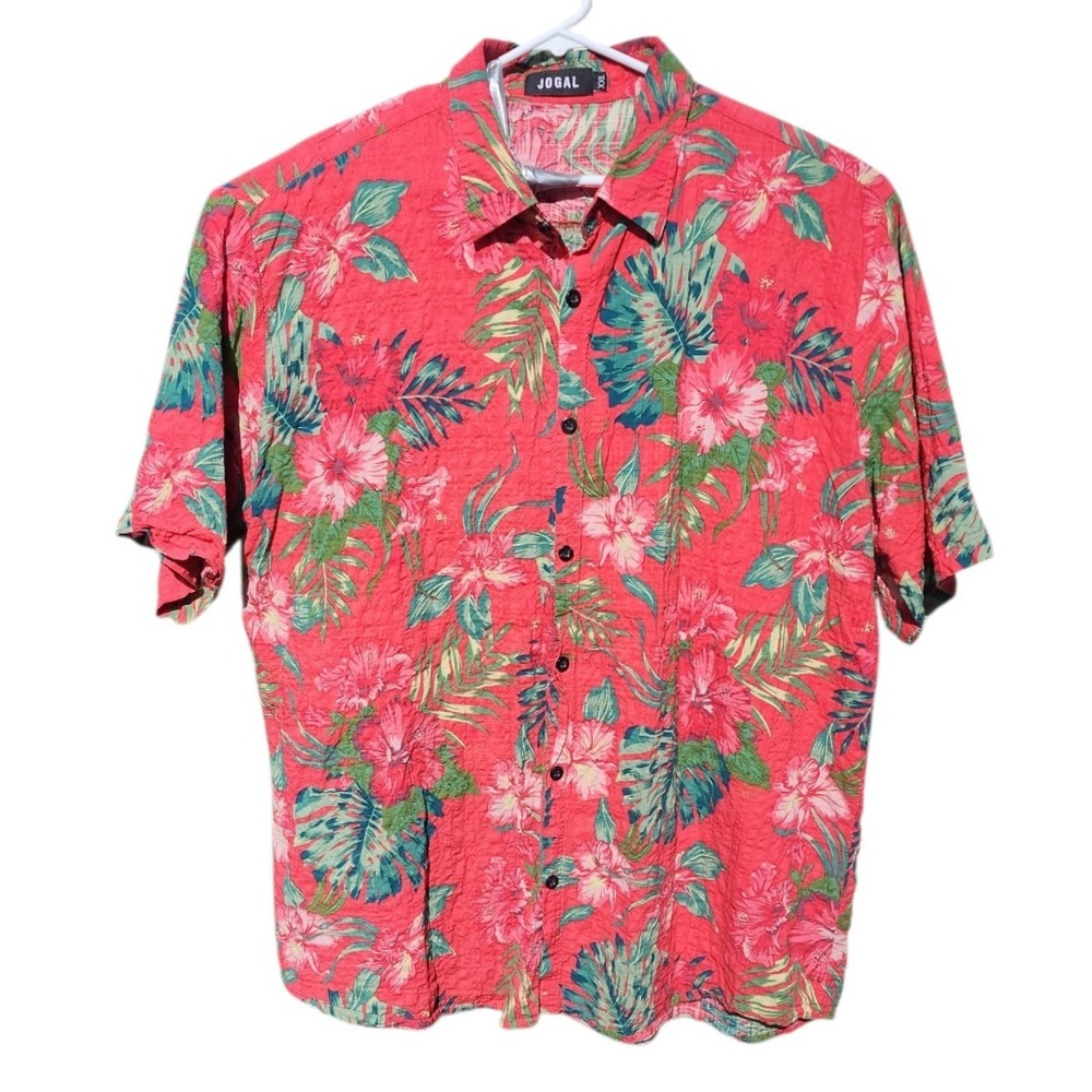 Jogal Mens XXL Tropical Floral Hibiscus Button Down Shirt Red Cotton Viscose